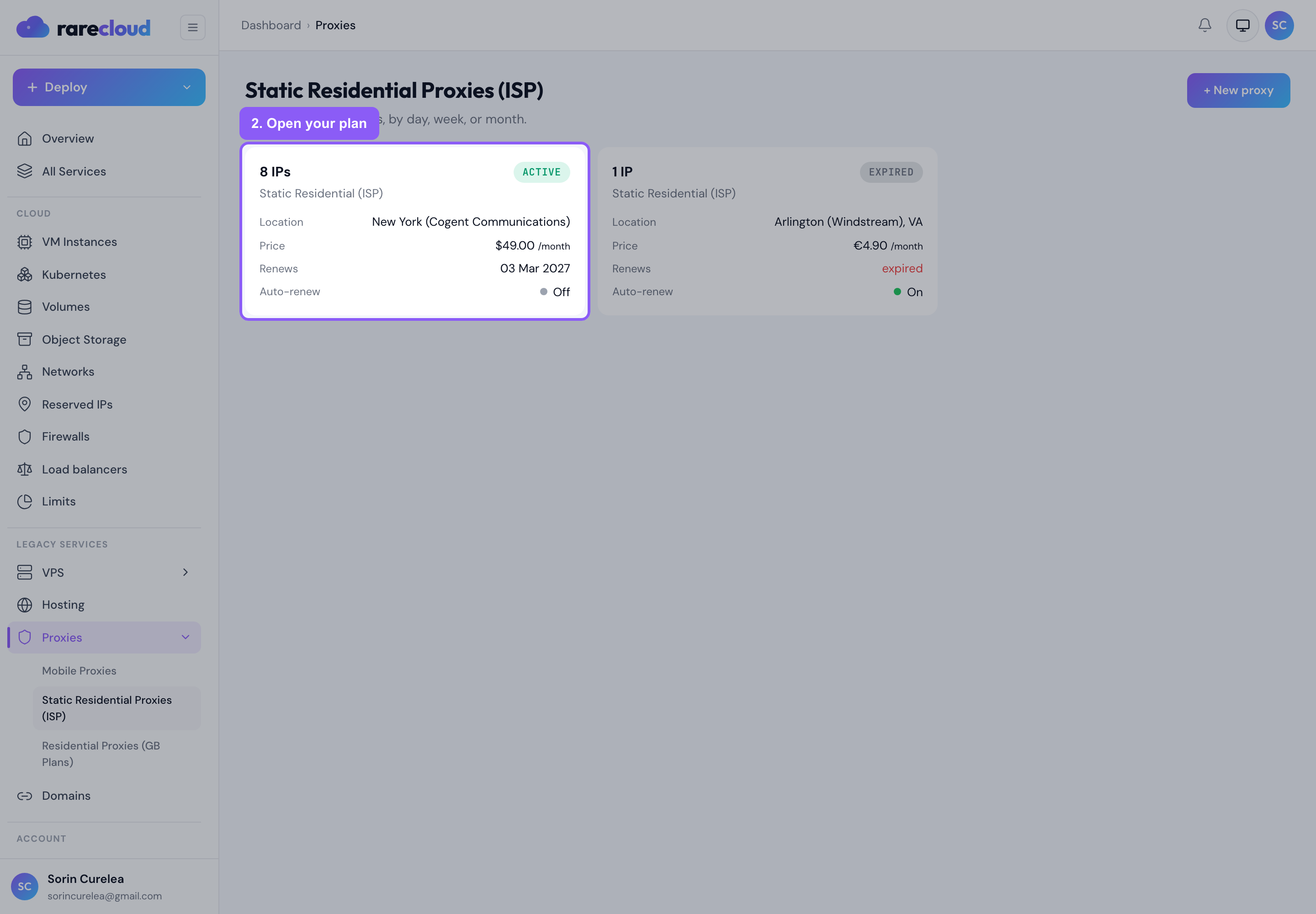 The list of static residential plans on the account