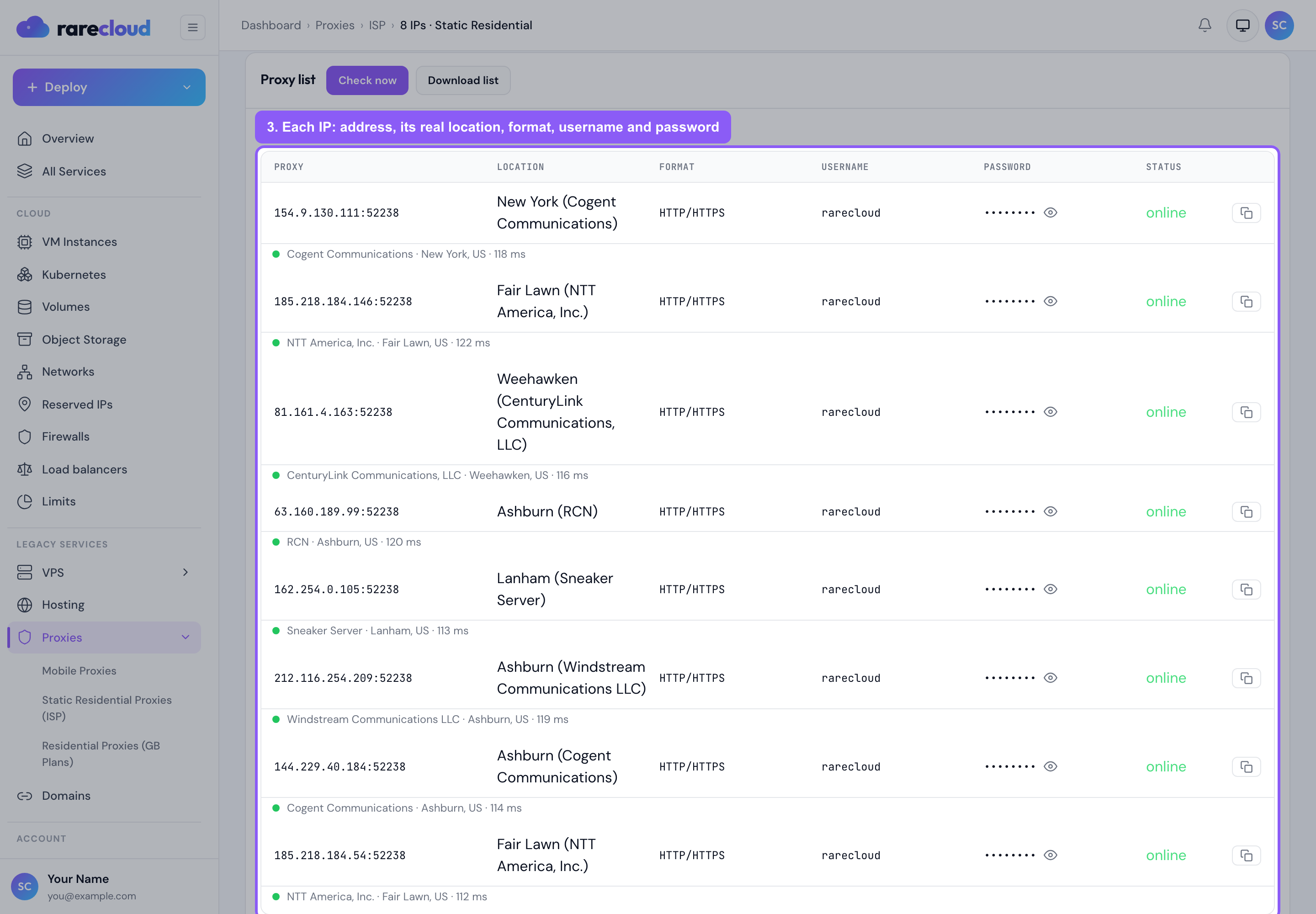 The IP list of a static residential plan, showing address, location, format, username and password for each IP